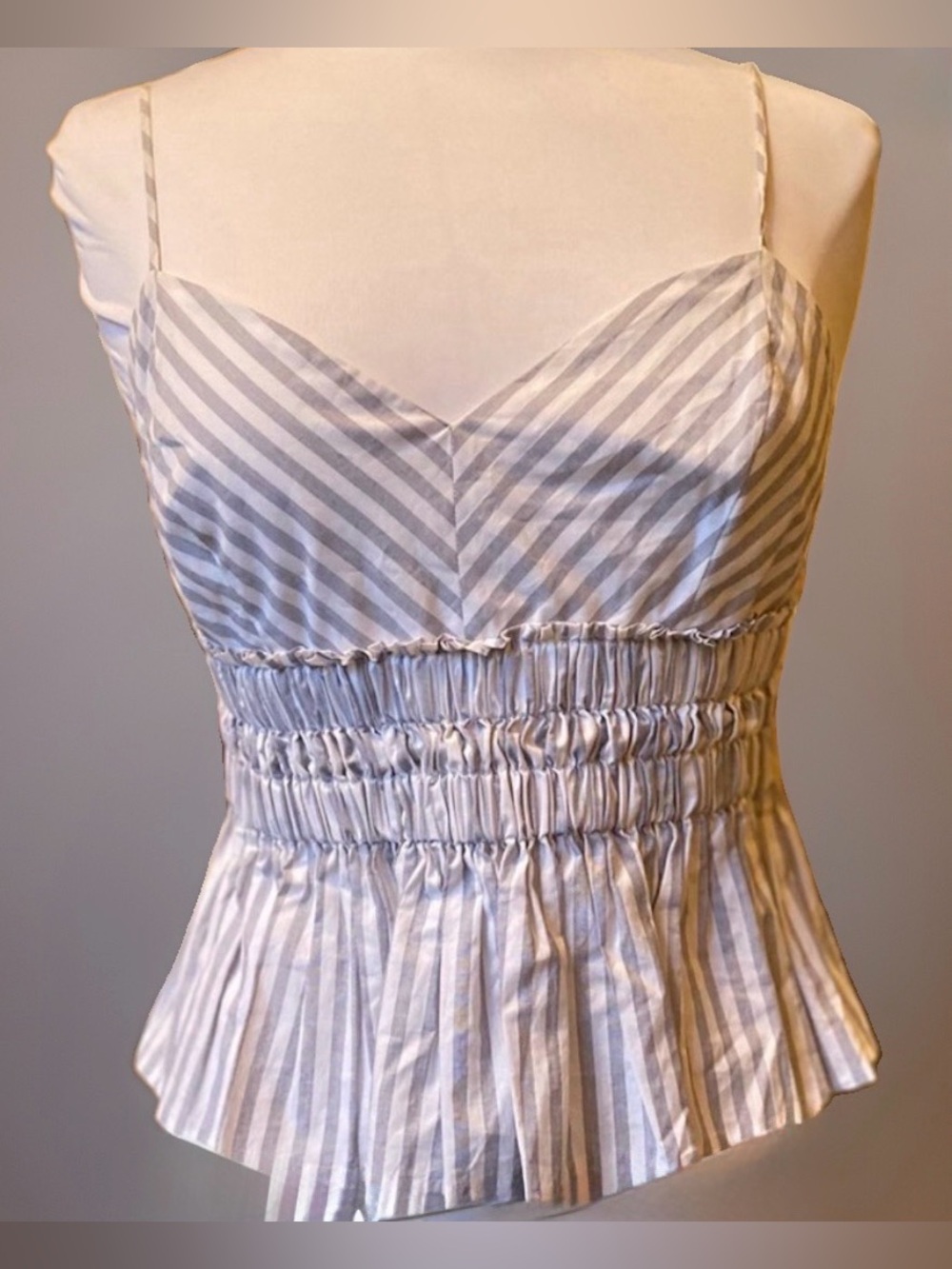 Express Medium Gray & White StripedGatheted Elastic Waist Camisole Top